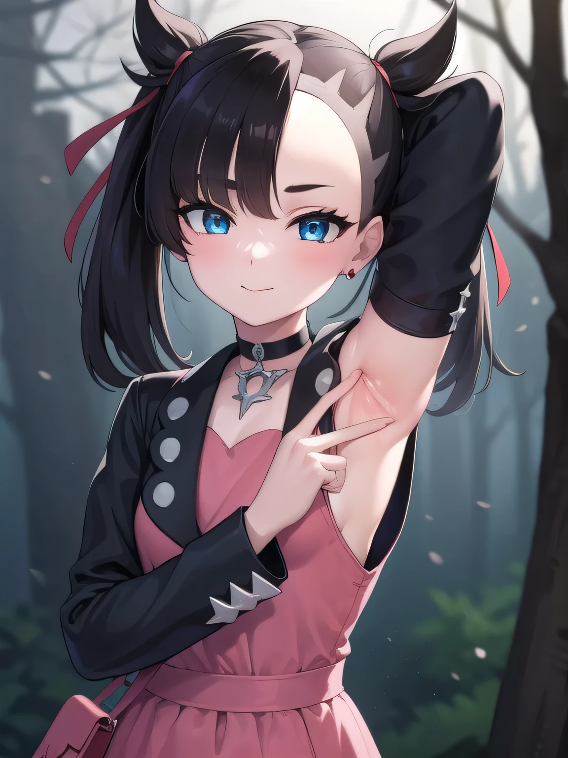 pokemonmarnie, pokemonmarnie, aqua eyes, asymmetrical bangs, asymmetrical hair, black hair, hair ribbon, long hair, red ribbon, ribbon, twintails, (small breasts:1.2),
black choker, black jacket, choker, dress, earrings, jacket, jewelry, long sleeves, open clothes, pink bag, pink dress,
 ako suminoe, ascot, solo, upper body, night sky, forest, arms behind head, contrapposto, spread armpits, smile
BREAK (masterpiece:1.2), best quality, high resolution, unity 8k wallpaper, (illustration:0.8), (beautiful detailed eyes:1.6), extremely detailed face, perfect lighting, extremely detailed CG, (perfect hands, perfect anatomy),