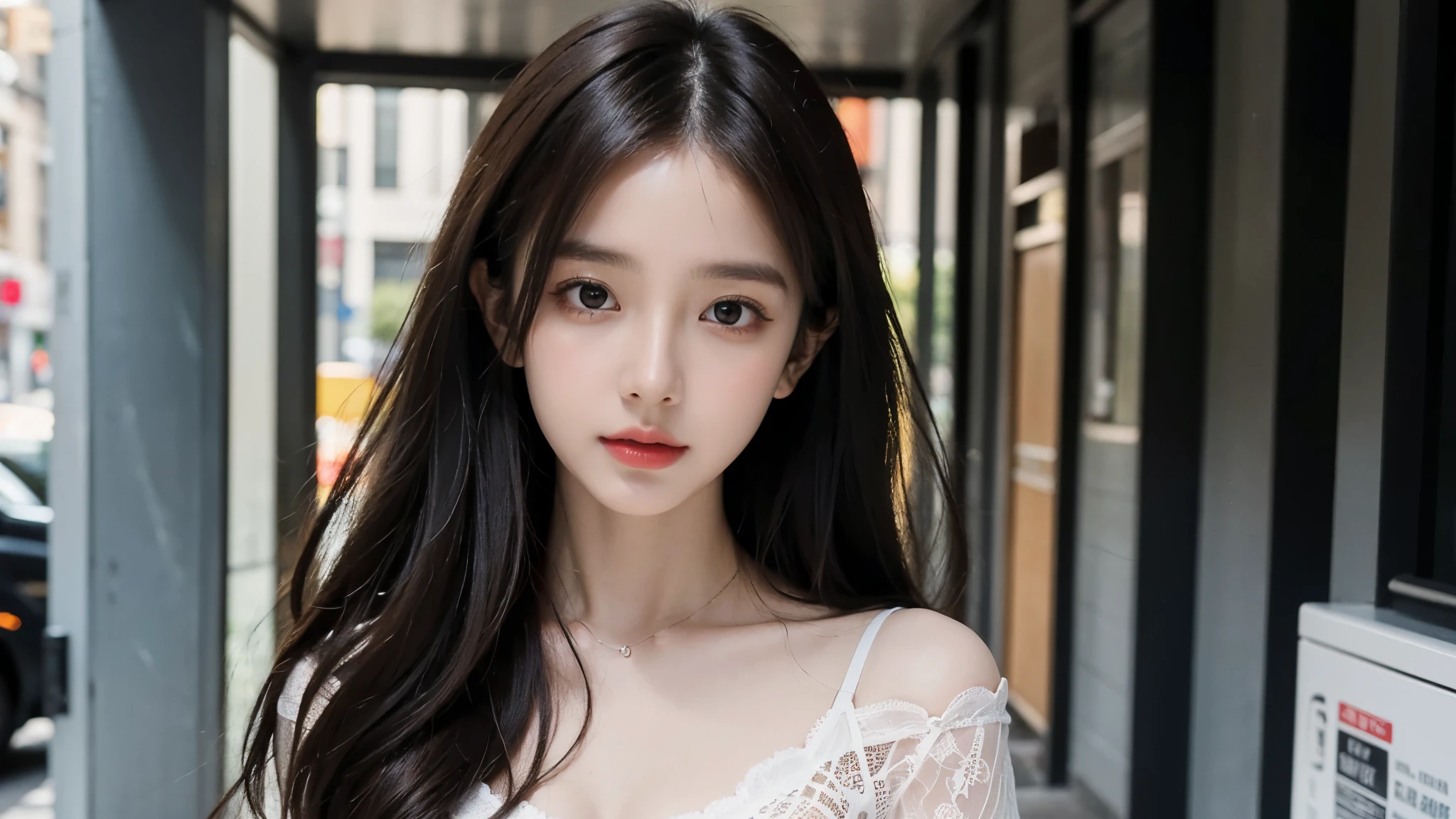 (High-resolution 8K raw photos are realistic,best qualtiy)，Fashion trendy beautiful and charming woman，gentle and charming Chinese beautiful woman，Korea,Kpop idol，delicate and sexy collarbones，charming oval face，double eyelid，Ingenious[peaches]flower eyes，redish pink lips，small-nose，exposed bare shoulders，focus at face，closeup of face，Hyper-detailing，The shirt pattern is tight，Light shawl small coat，White hip wrapped skirt，Light red hair，Background bokeh，cleavage，long leges，(Seven-doppelganger shot，medium shot the scene is，Solo：1.4)，Lace，lacing，head gear， Fresh and impressive， natural color，(pedestrian street，cbd,rays of sunshine，outside，LV shoulder bag for women，cellular phone)，Front light，Sitting on the side of the street，deck chair