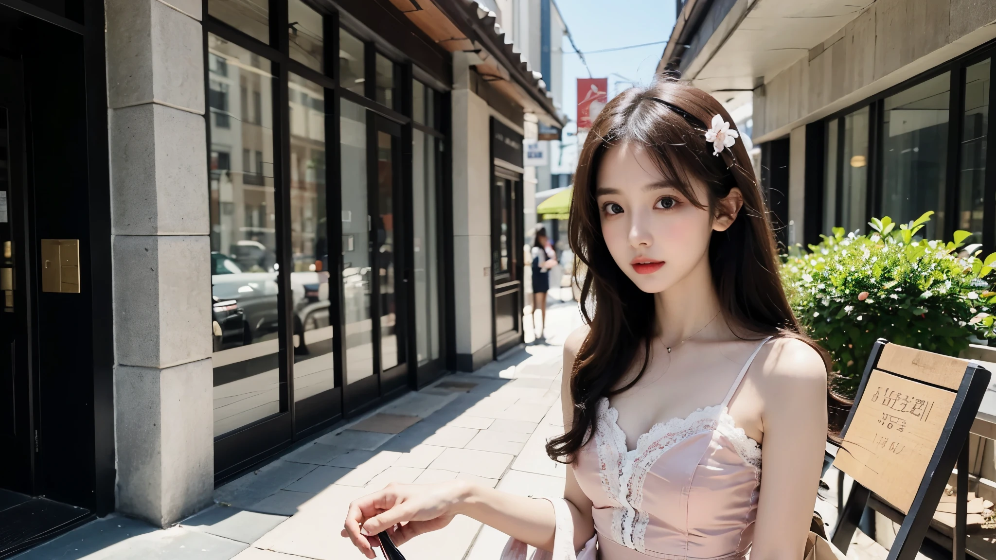 (High-resolution 8K raw photos are realistic,best qualtiy)，Fashion trendy beautiful and charming woman，gentle and charming Chinese beautiful woman，Korea,Kpop idol，delicate and sexy collarbones，charming oval face，double eyelid，Ingenious[peaches]flower eyes，redish pink lips，small-nose，exposed bare shoulders，focus at face，closeup of face，Hyper-detailing，The shirt pattern is tight，Light shawl small coat，White hip wrapped skirt，Light red hair，Background bokeh，cleavage，long leges，(Seven-doppelganger shot，medium shot the scene is，Solo：1.4)，Lace，lacing，head gear， Fresh and impressive， natural color，(pedestrian street，cbd,rays of sunshine，outside，LV shoulder bag for women，cellular phone)，Front light，Sitting on the side of the street，deck chair