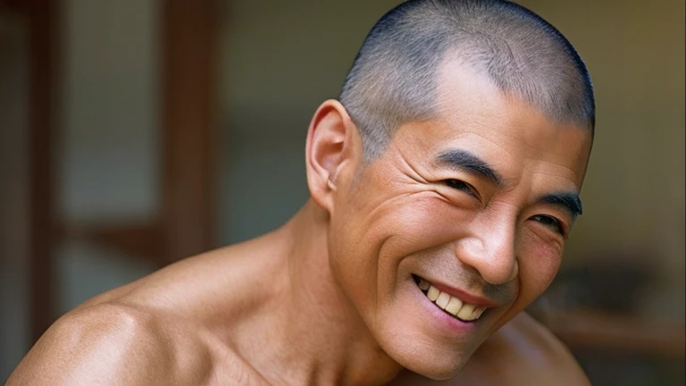 A monk in his 50s　male　skin head　real　photographic style　A kind smile　profile