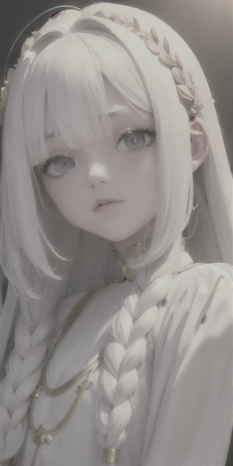 best quality, masterpiece,white hair, gold eyes,white clothes, looking up, upper body,hair strand,Fair skin,side braids