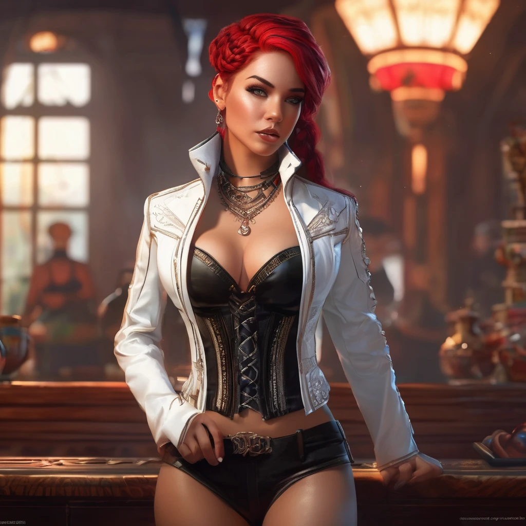 1girl, portrait of beautiful lobapex, athletic, white jacket, corset, skirt, pants, black hair, red hair, braids, makeup, choker, cleavage, wide hips, volumetric lighting, best quality, masterpiece, intricate details, tonemapping, sharp focus, hyper detailed, trending on Artstation, realistic
