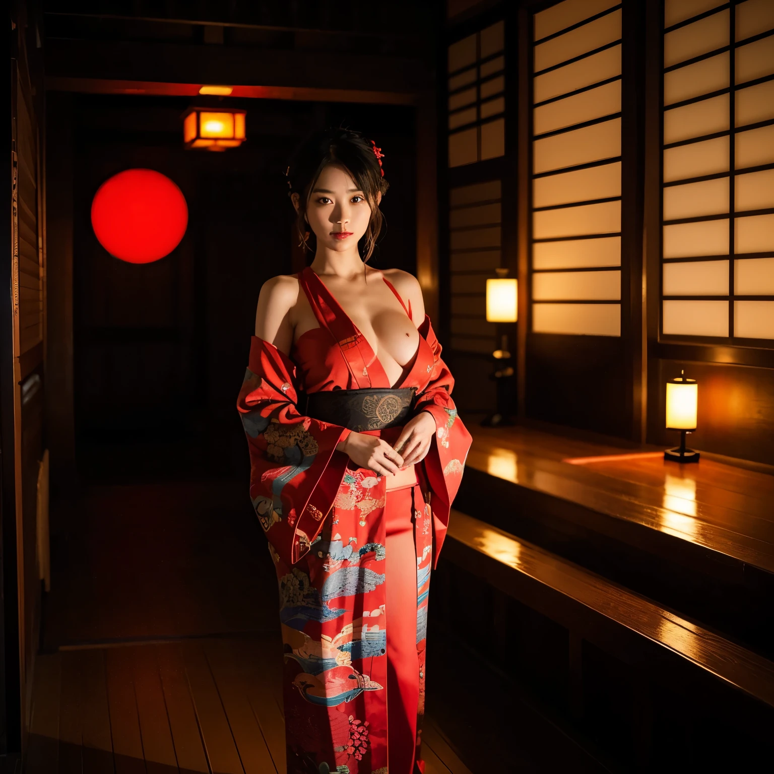 full body colourful dragon tattoo, night scene, red tone mood environtment, open shoulder red short kimono with japanese traditional motif, half naked moist body, big breast