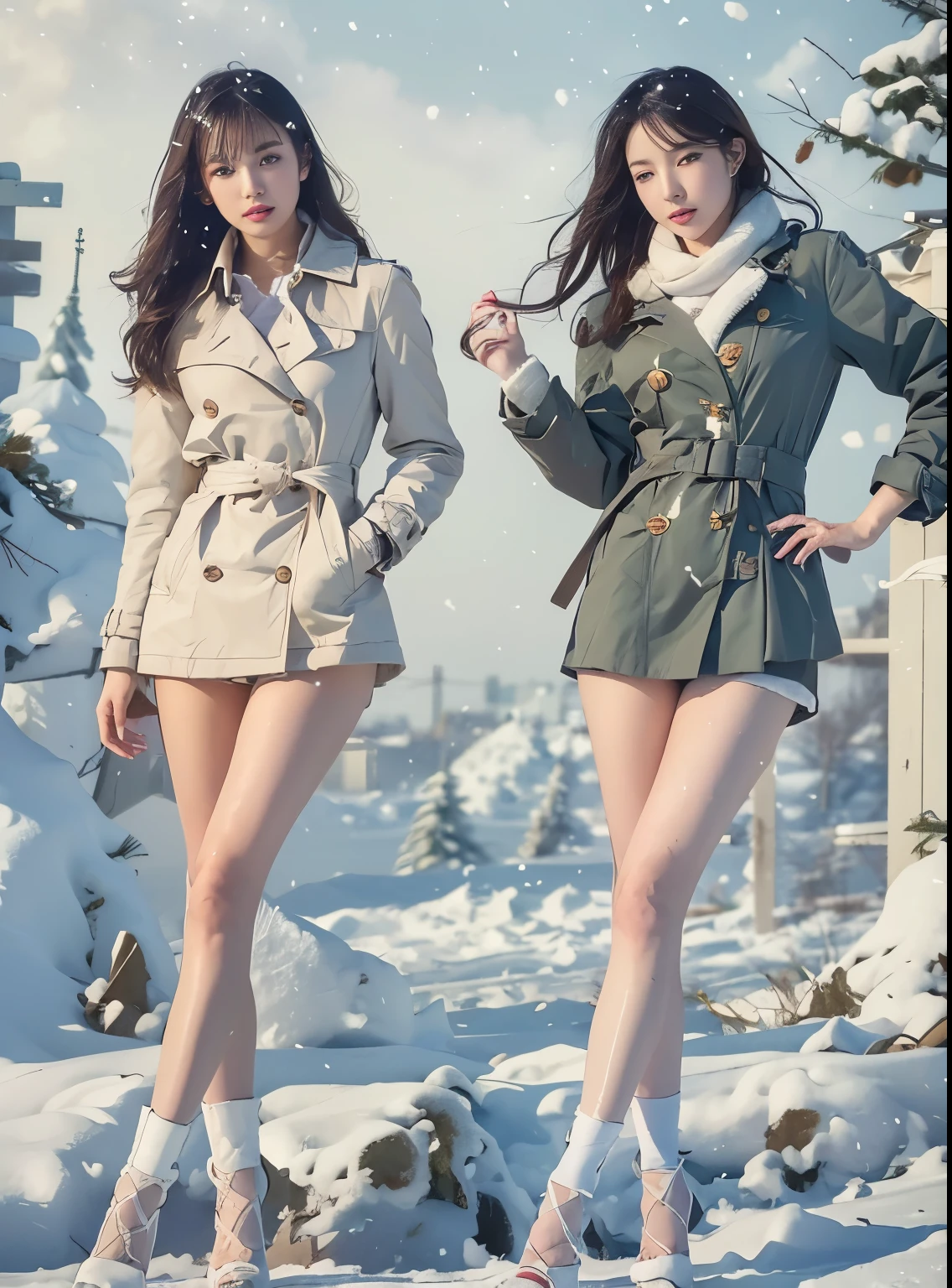 japanese woman、long brown hair、hair with volume、beautiful face、double eyelid、trench coat、beautiful feet、barefoot、thighs、tall、stiletto heelodel pose、heavy snow、blizzard、snowfall、strong wind、The wind messes up my hair