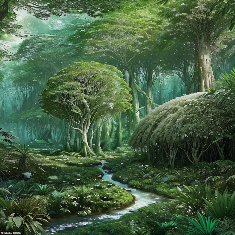 Descreva uma paisagem hoper realista de uma floresta primitiva, located in a transition period after the formation of the Earth. Include a variety of old, dense trees, exotic and lush vegetation, crystal clear streams meandering through the landscape and a mysterious atmosphere that evokes the feeling of a newborn world