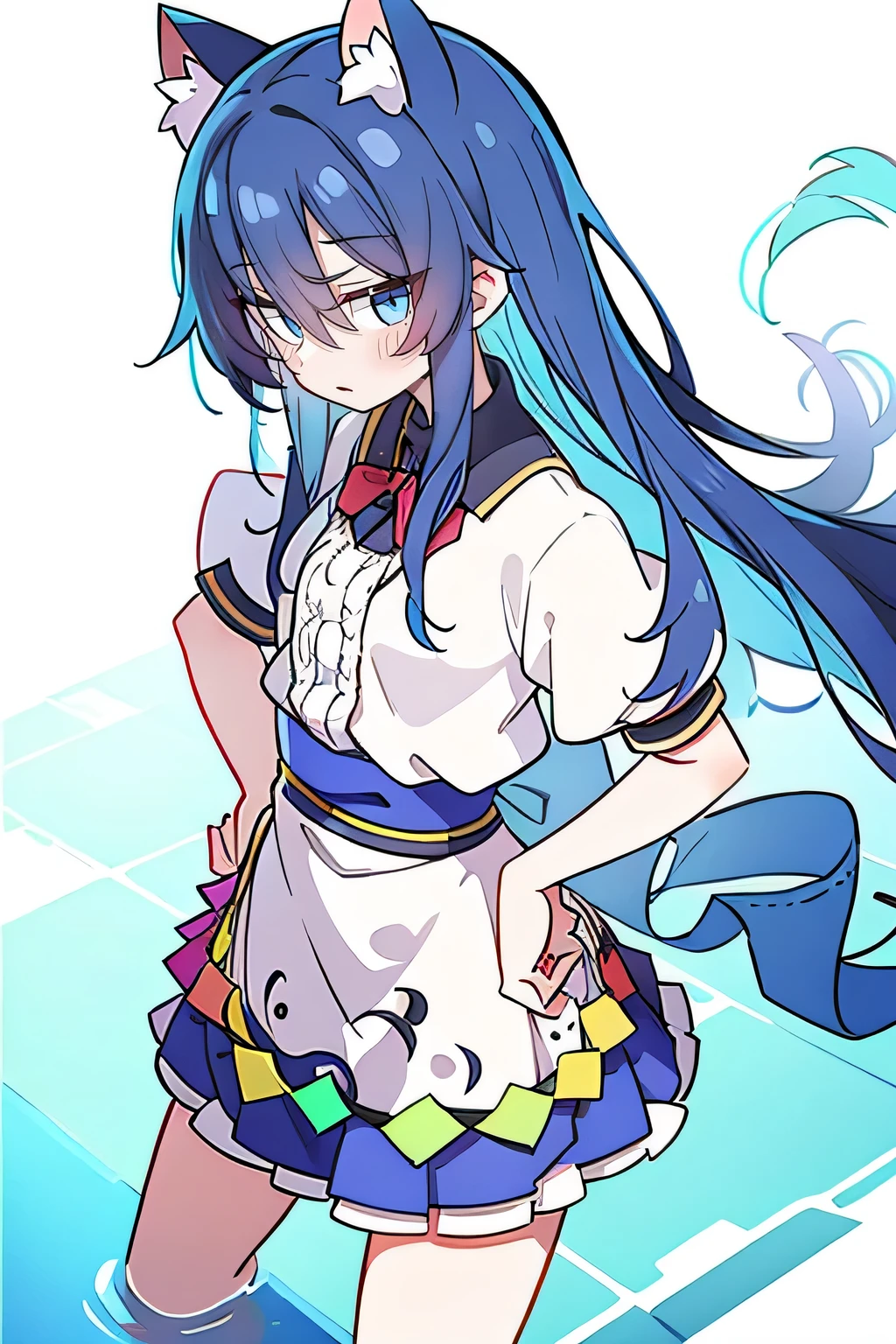 (masterpiece),best quality, expressive eyes, perfect face, 1girl,
 Put your hands on your waist,fair, Gorgeous,Japanese cartoons,girl,lola,Hina Angel, blue hair, blue haired, floating clothes,Grab your waist, Grab your waist, hands on hips , hands on hips,sit, sit on ground, Legs on the ground, flat chest,cat ear,