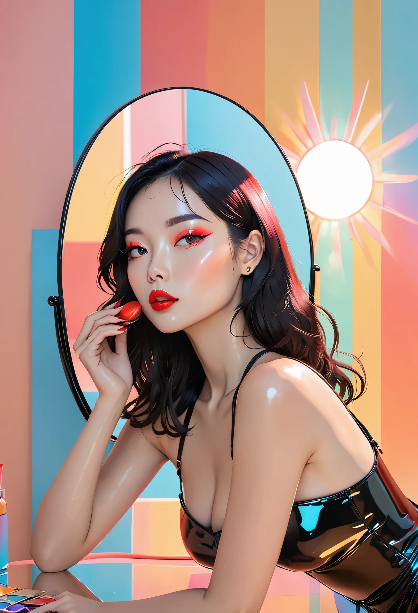 The image is of a woman with red lips,The style is a colorful sky、Neon color palette、beauty of simplicity、Glow shadows、sun-kissed palettes、smooth lines、Olympus,Latex and black leather,Snapshot style aesthetic、Mirror、webcam、whole body、clean