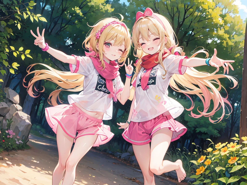 a pair of cute 6 year old blonde twins, church girl from Colorado named Anna,both brownish blonde hair, long wavy hair, pink yellow short sleeve tshirt, scarf, pink shorts, wearing a pink hairband, on a jog, on a dirt trail, in the woods, eyes closed, sunset, slight smile, wristbands, barefoot, showing soles of foot, joyful, energetic, peace sign, 5 fingers