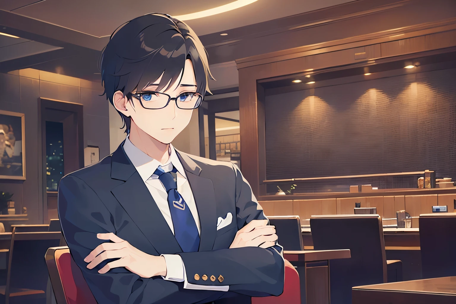 plastic frame eyewear、masterpiece、highest quality、(25 year old male:1.5) and (black short hair) and (hair over eyes:1.3) and (blue eyes), wearing a suit、wearing a white shirt、Wearing a blue tie、sitting、confused look、The background is a restaurant at night、(Alone:1.5)