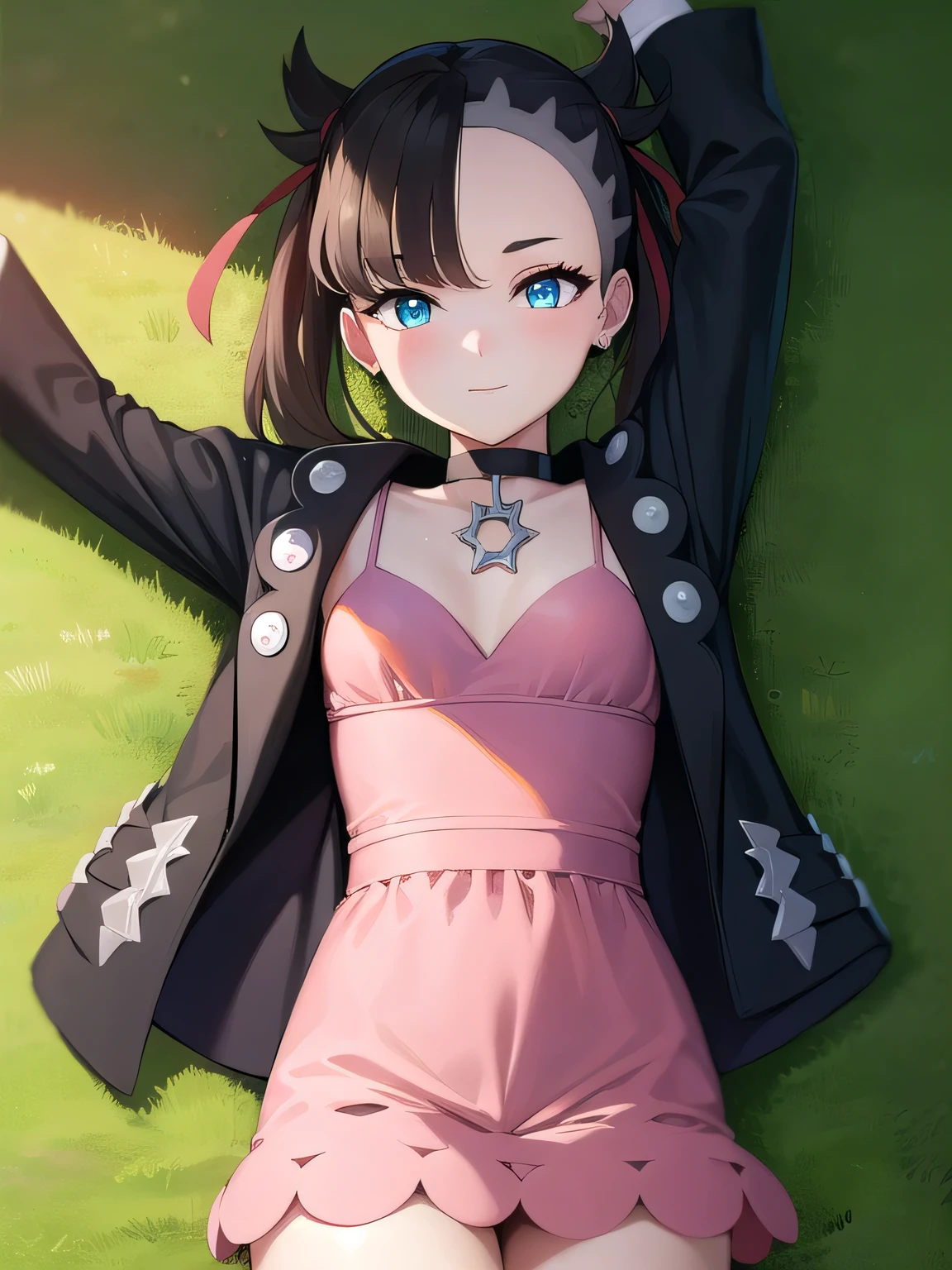 pokemonmarnie, pokemonmarnie, aqua eyes, asymmetrical bangs, asymmetrical hair, black hair, hair ribbon, long hair, red ribbon, ribbon, twintails, (small breasts:1.2),
BREAK backpack, bag, black choker, black jacket, choker, dress, earrings, jacket, jewelry, long sleeves, open clothes, pink bag, pink dress,
solo, spread arms, lying, on back, on grass, arms up, looking at viewer, solo, in the center, cowboy shot, high quality, smile, closed mouth,
BREAK (masterpiece:1.2), best quality, high resolution, unity 8k wallpaper, (illustration:0.8), (beautiful detailed eyes:1.6), extremely detailed face, perfect lighting, extremely detailed CG, (perfect hands, perfect anatomy),