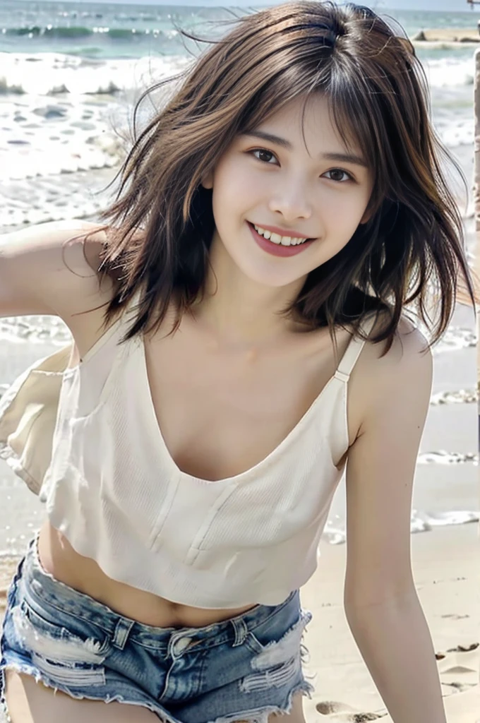 17 year old beautiful girl、Highest image quality、realistic、16K、beautiful woman、long hair、slim、With bangs、on the beach、White tank top and denim shorts、panoramic、whole body、sunlight、Smile showing your teeth