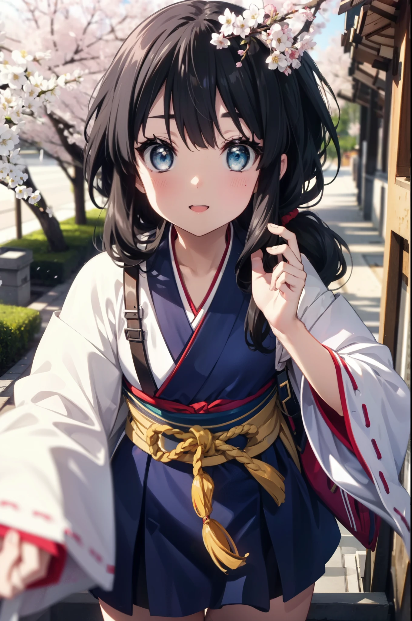 mioakiyama, mio akiyama, long hair, bangs, black hair, (black eye:1.3), princess cut,smile,blush,open your mouth,Platycodon,Miko, white kimono, red hakama,kimono, same as skirt, wide sleeve, long sleeve, ribbon trim sleeves,
とてもlong hair, 鈍いbangs, low ponytail,
looking at the viewer, Are standing, cherry blossoms are blooming,Cherry blossoms are scattered,noon,Clear skies,sunny,
break outdoors, shrine,torii,
break looking at viewer, (cowboy shot:1.5),
break (masterpiece:1.2), highest quality, High resolution, unity 8k wallpaper, (figure:0.8), (detailed and beautiful eyes:1.6), highly detailed face, perfect lighting, Very detailed CG, (perfect hands, perfect anatomy),