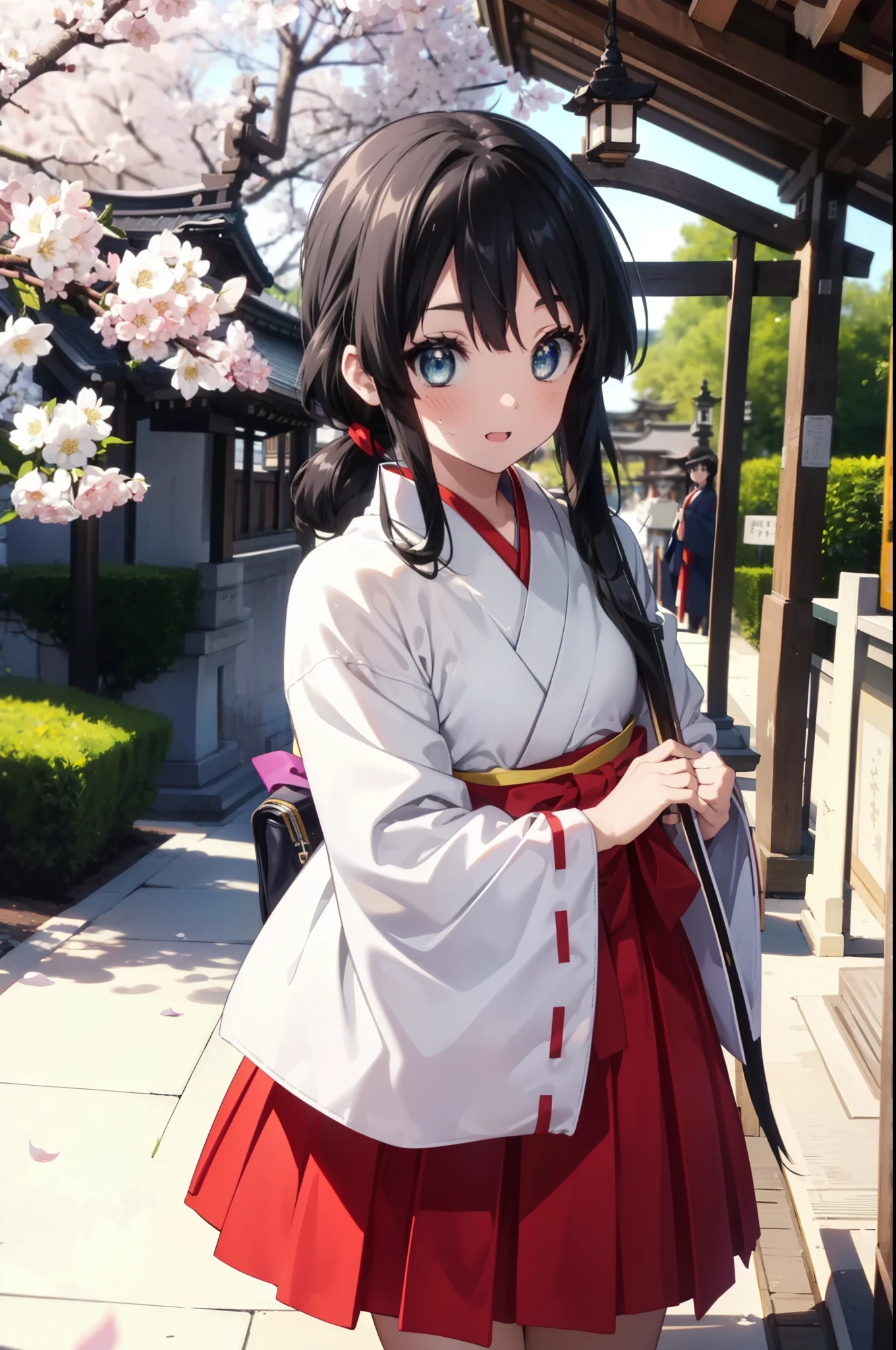 mioakiyama, mio akiyama, long hair, bangs, black hair, (black eye:1.3), princess cut,smile,blush,open your mouth,Platycodon,Miko, white kimono, red hakama,kimono, same as skirt, wide sleeve, long sleeve, ribbon trim sleeves, 
とてもlong hair, 鈍いbangs, low ponytail, 
looking at the viewer, Are standing, cherry blossoms are blooming,Cherry blossoms are scattered,noon,Clear skies,sunny,
break outdoors, shrine,torii,
break looking at viewer, (cowboy shot:1.5),
break (masterpiece:1.2), highest quality, High resolution, unity 8k wallpaper, (figure:0.8), (detailed and beautiful eyes:1.6), highly detailed face, perfect lighting, Very detailed CG, (perfect hands, perfect anatomy),