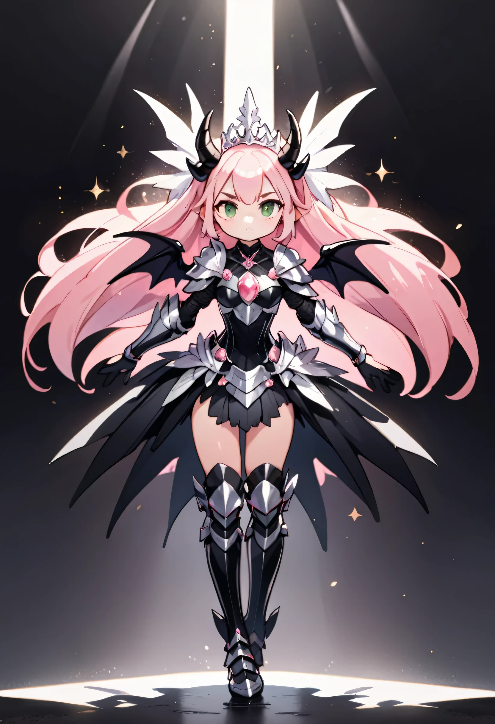 Light pink hair, dragon girl, black scale armor, black demon horns, small black wings, green eyes, full body shot, black knee high boots, white background, facing forward, wings spread, standing straight up, small regal silver tiara with pink gems