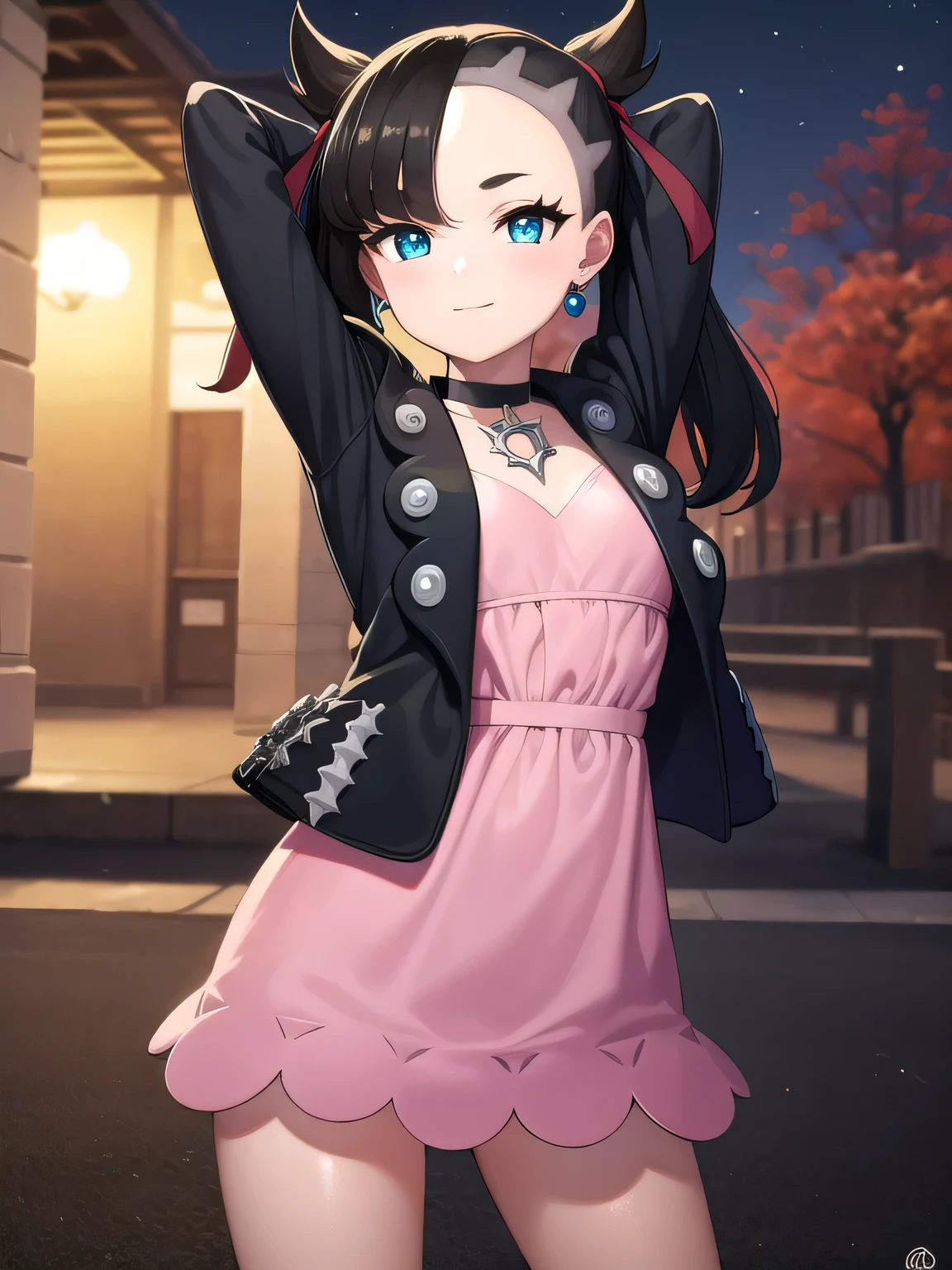 pokemonmarnie, pokemonmarnie, aqua eyes, asymmetrical bangs, asymmetrical hair, black hair, hair ribbon, long hair, red ribbon, ribbon, twintails, (small breasts:1.2),
BREAK backpack, bag, black choker, black jacket, choker, dress, earrings, jacket, jewelry, long sleeves, open clothes, pink bag, pink dress,
cowboy shot, ako suminoe, ascot, , solo, night sky, forest, arms behind head, contrapposto, spread armpits, smile
BREAK (masterpiece:1.2), best quality, high resolution, unity 8k wallpaper, (illustration:0.8), (beautiful detailed eyes:1.6), extremely detailed face, perfect lighting, extremely detailed CG, (perfect hands, perfect anatomy),