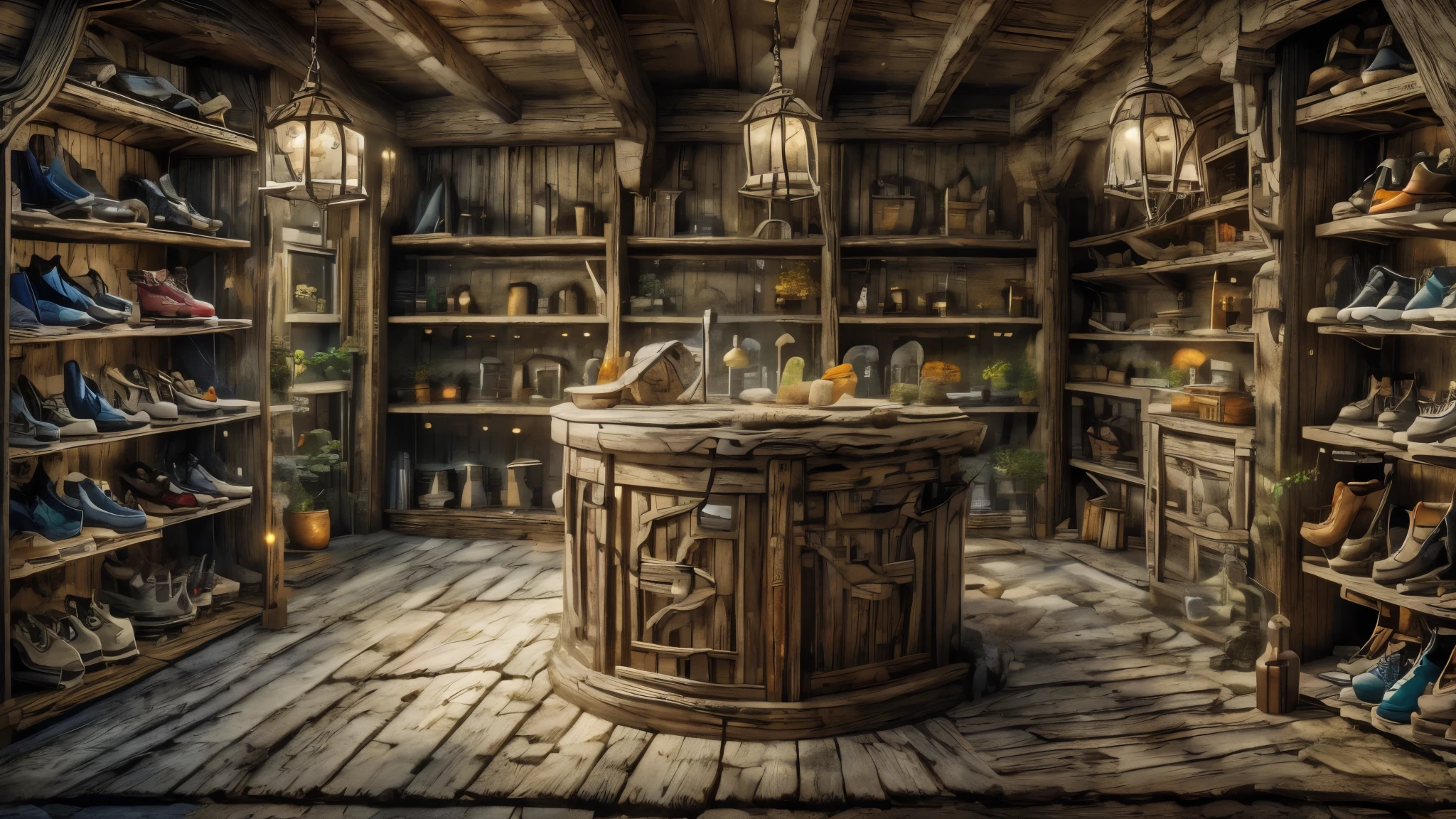 (Masterpiece, best quality, 8k), panoramic view, wooden shop interior, medieval style, counter, shelves, shoes and boots, weapons, tools, utensils.