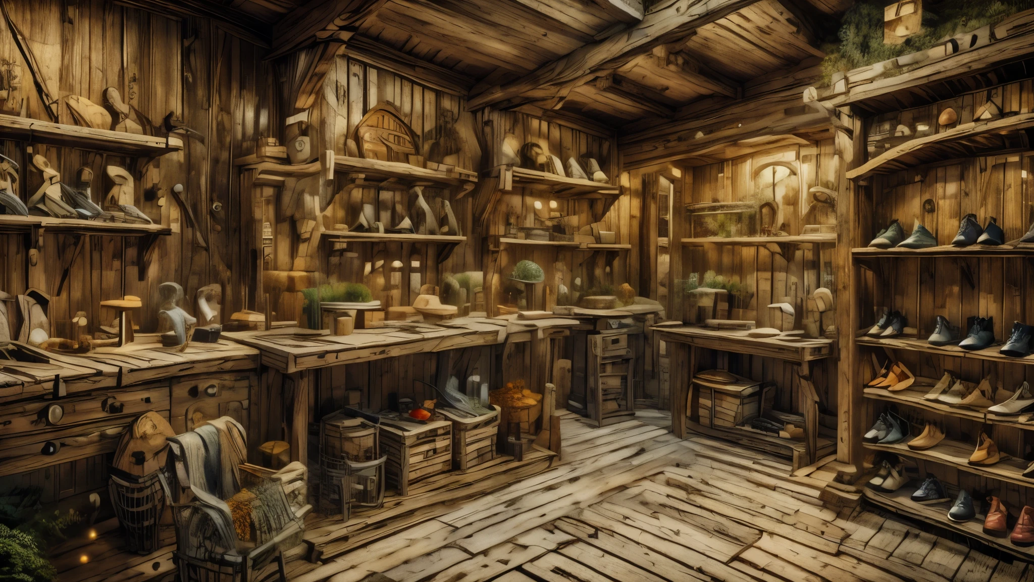 (Masterpiece, best quality, 8k), panoramic view, wooden shop interior, medieval style, counter, shelves, shoes and boots, weapons, tools, utensils.