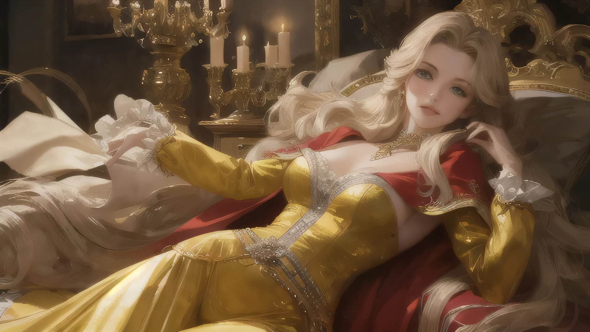 medieval fantasy style, girl, queen, beautiful, slender, sexy, big elastic breasts, makeup, crown, earrings, necklace, expensive luxurious chic royal dress in fantasy style, European style of clothing, neckline, deep neckline, on the throne, hentai