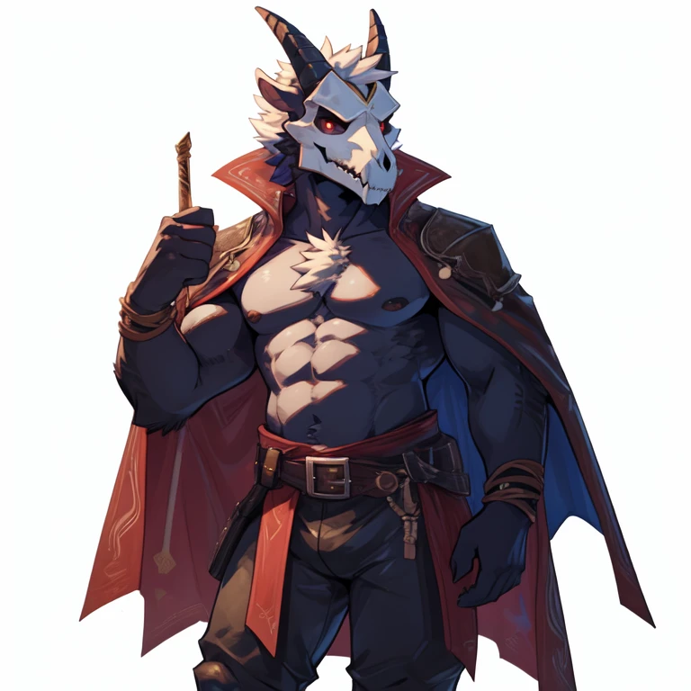 solo, goat horns, black dragon, black scalie, fully black body, black chest, goat skull mask, goat skull, skull mask, red eyes, white hair, white chest tuft, 1 boy, (pose:1.3), (posing:1.3), 4k, hi res, detailed face, 1boy, no nipples, adventurer outfit, brown belt, white cape, white poncho, yellow cape, yellow poncho, sword on waist, uploaded to e621, topless, shirtless, by zackary911, by haps, by kattalu, by jarlium,by zex, white background,