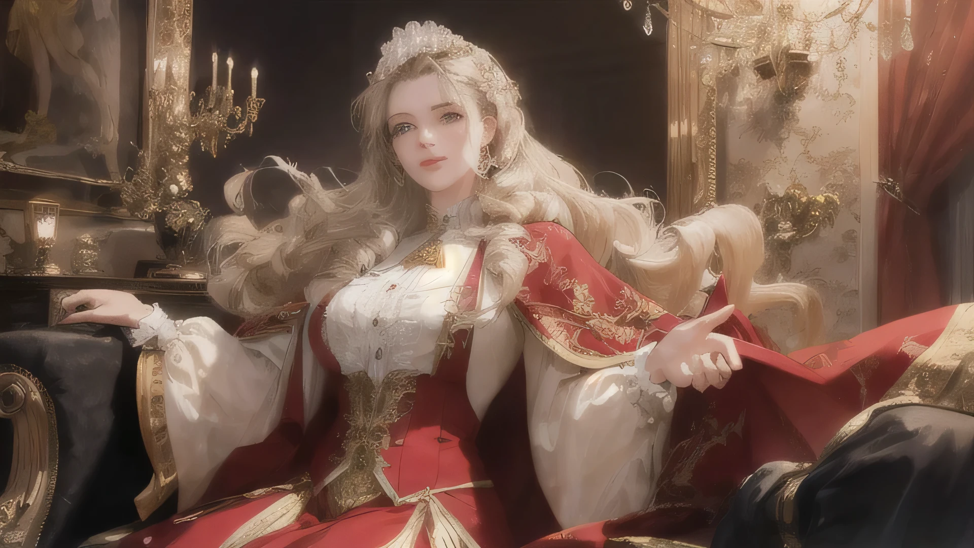 (very detailed, high-quality CG pictures), the highest quality depiction, Super detailed, highest quality, exquisite style of painting, depicting a 21-year-old mature woman, plump curve, long golden hair, one hidden on the left Blue eyes behind long hair, Dressed as a magician&#39;clothing, Black Rococo Cape, wearing red cross, Fantastic and beautiful backgrounds, depth of focus, gorgeous magic, shine,perfect body,(Lie:1.3)