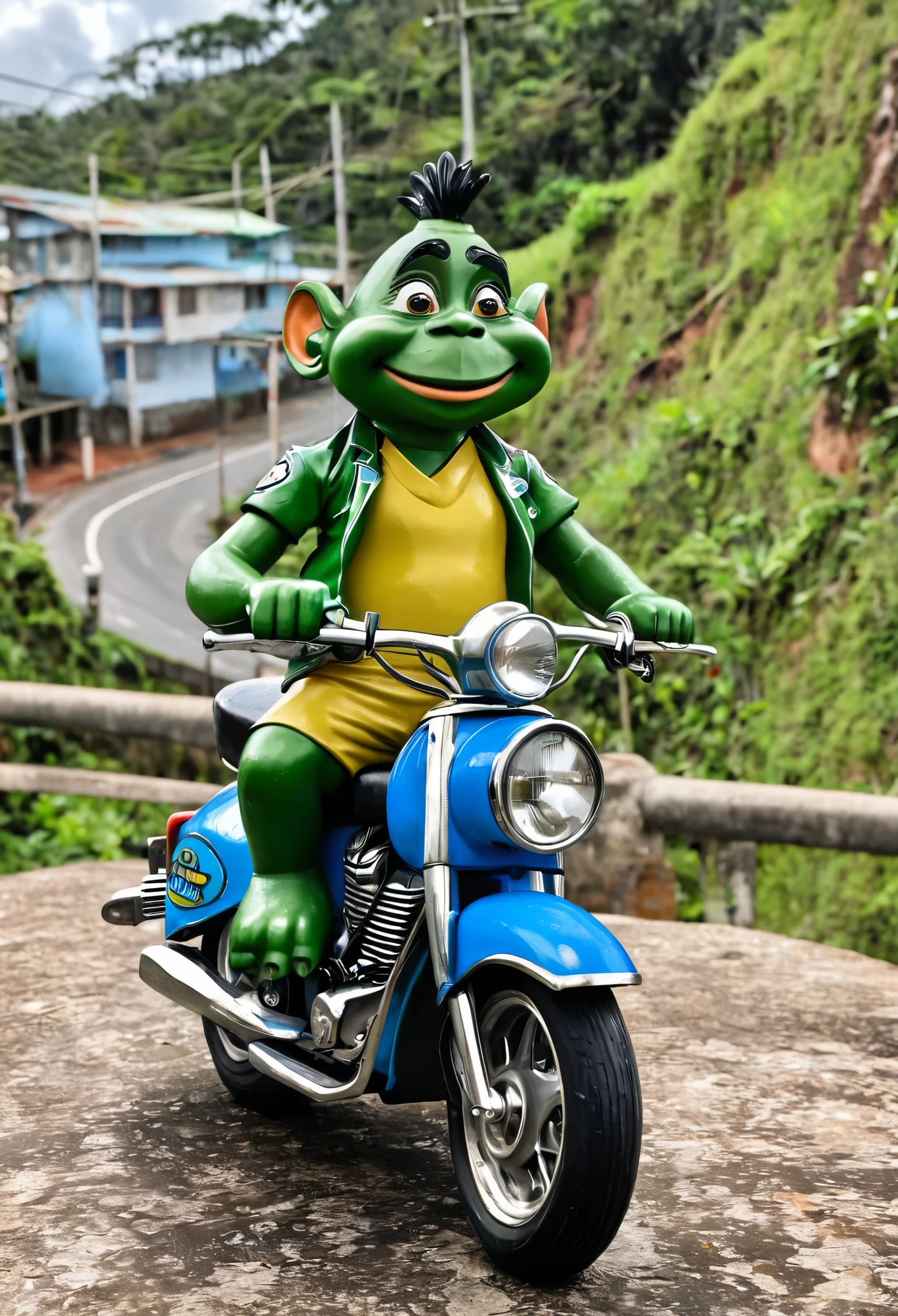 Cebolinha character by author Maurício de Souza on top of a motorbike.