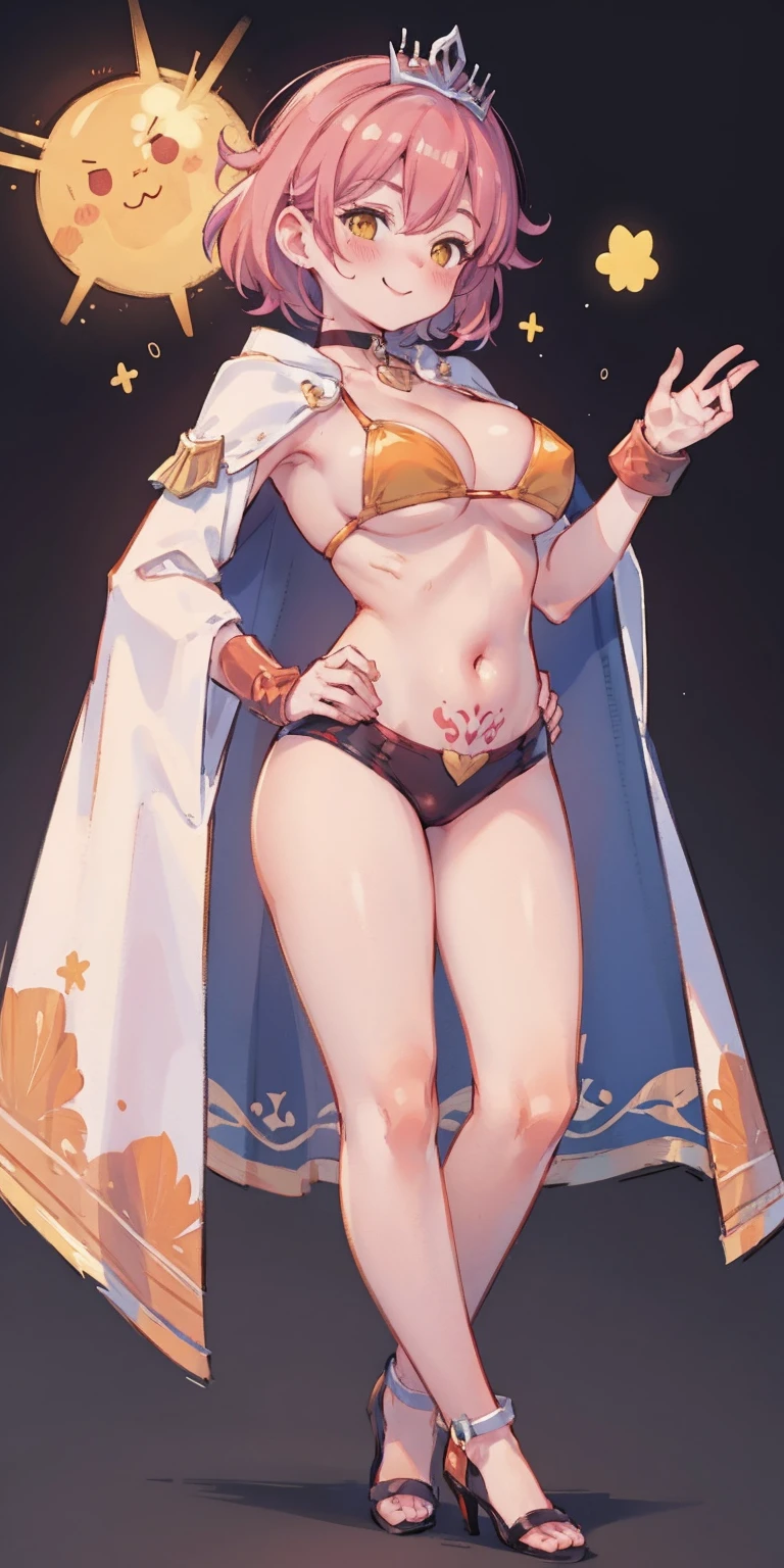 Two long thighs, yellow eyes, blonde hair, short hair, large breasts, detached sleeves, very white background, royal tiara, long cape, yellow tiger bikini, high heels, hands on hips. red tattoo on belly navel, full body female MILF BIMBO, lustful smirking smile face (red blush), metal shoulders, golden bracers sleeveless, black choker sex slave