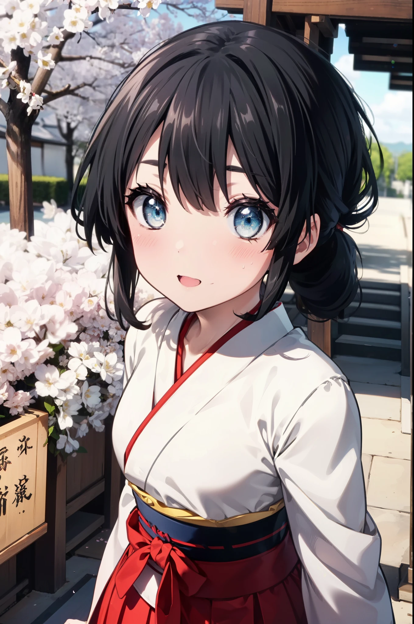 mioakiyama, mio akiyama, long hair, bangs, black hair, (black eye:1.3), princess cut,smile,blush,open your mouth,Platycodon,Miko, white kimono, red hakama,kimono, same as skirt, wide sleeve, long sleeve, ribbon trim sleeves, 
とてもlong hair, 鈍いbangs, low ponytail, 
looking at the viewer, Are standing, cherry blossoms are blooming,Cherry blossoms are scattered,noon,Clear skies,sunny,
break outdoors, shrine,torii,
break looking at viewer, (cowboy shot:1.5),
break (masterpiece:1.2), highest quality, High resolution, unity 8k wallpaper, (figure:0.8), (detailed and beautiful eyes:1.6), highly detailed face, perfect lighting, Very detailed CG, (perfect hands, perfect anatomy),