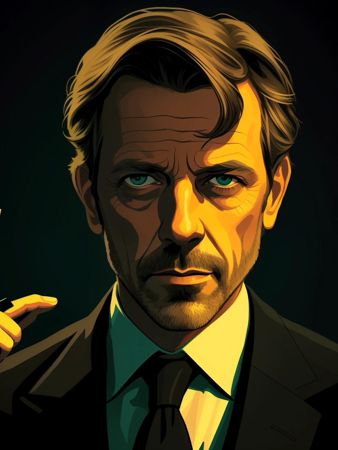 a man in a suit holding a sydel in his hand, portrait of, beaten tech. neo noir style, doctor house, pulp character portrait, portrait of hugh laurie, in style of digital illustration, drawn in a neo - noir style, inspired by Endre Bálint, fanart, 4 k hd illustrative wallpaper, pulp scifi illustration