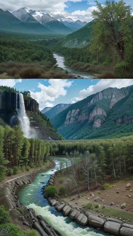 Panoramic photograph of a dinosaur-era forest, with many primitive trees, mountains in the background and rivers with turbulent waters and waterfalls