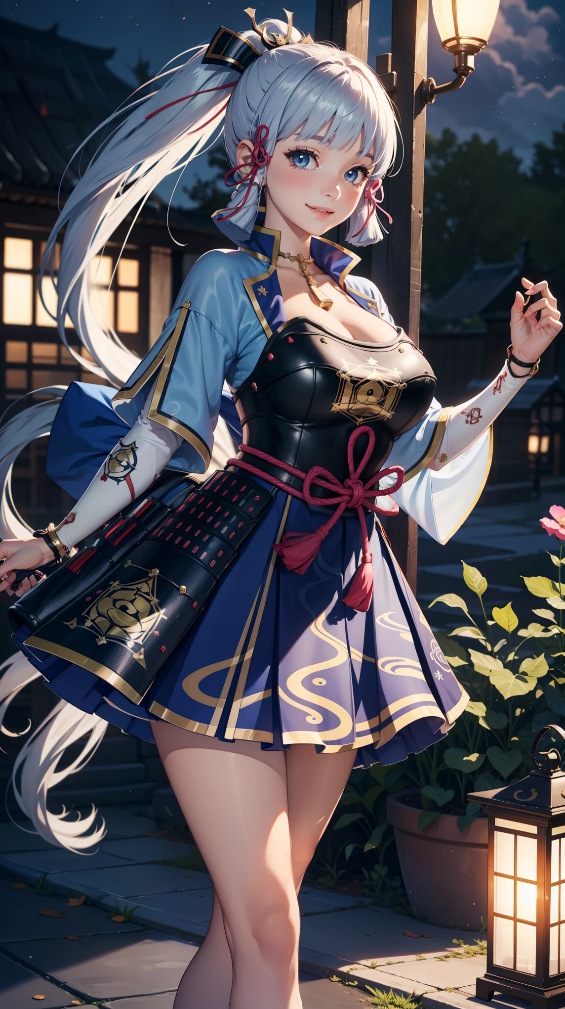 Masterpiece, high quality, 8k,detailed body, ultra detailed, detailed face, standing, blush, bright eye, outdoors, (detail face), kamisatoayakadef, (gigantic breasts),(night), smile, graceful, elegant, happy