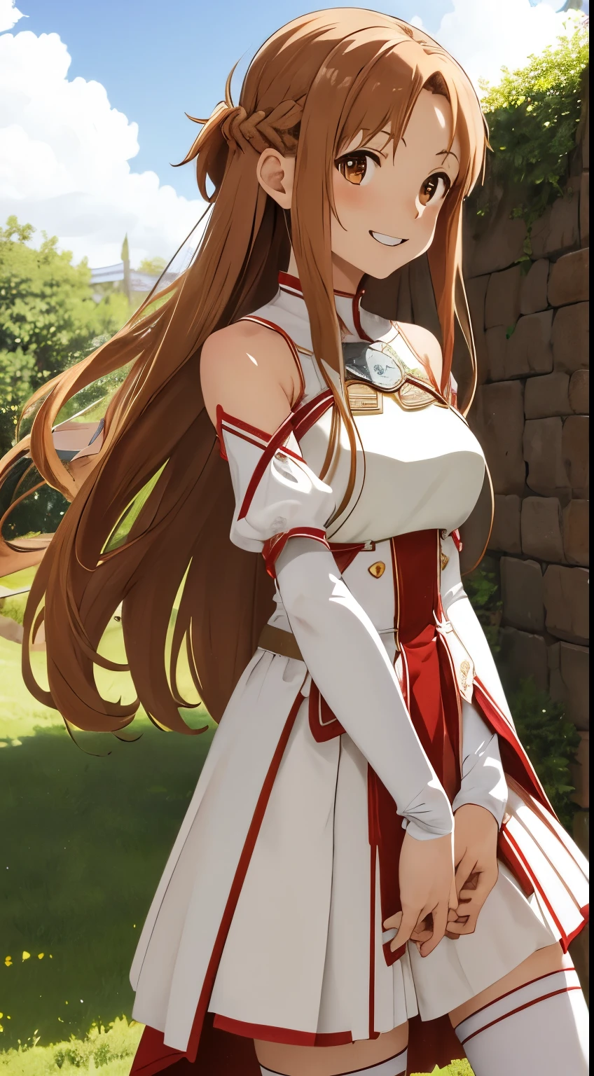 masterpiece, best quality, highres, aaasuna, long hair, brown hair, braid, brown eyes, bare shoulders, armor, breastplate, white sleeves, detached sleeves, red skirt, pleated skirt, white thighhighs, waving, smile, leaning forward, open mouth, town, fantasy