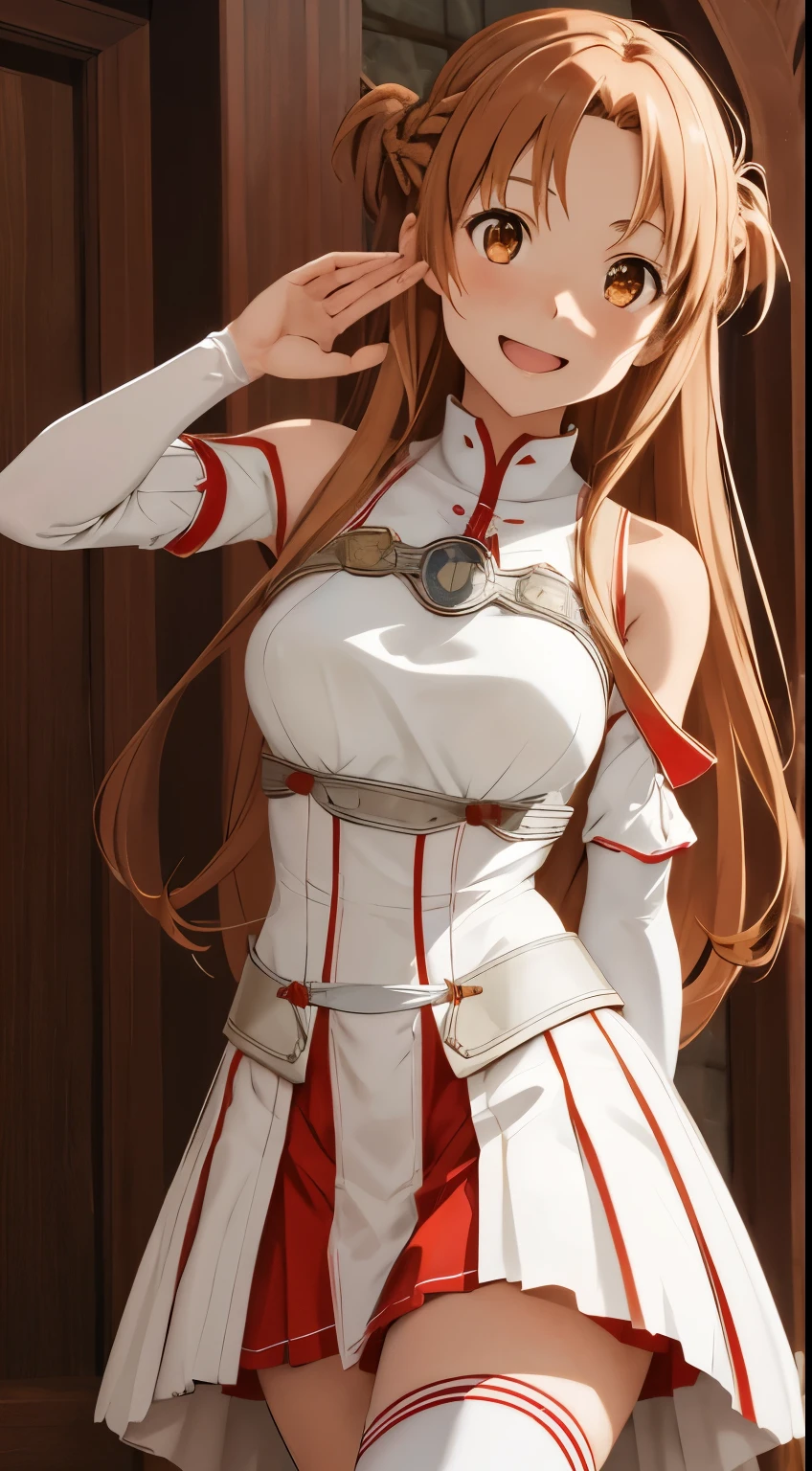 masterpiece, best quality, highres, aaasuna, long hair, brown hair, braid, brown eyes, bare shoulders, armor, breastplate, white sleeves, detached sleeves, red skirt, pleated skirt, white thighhighs, waving, smile, leaning forward, open mouth, town, fantasy