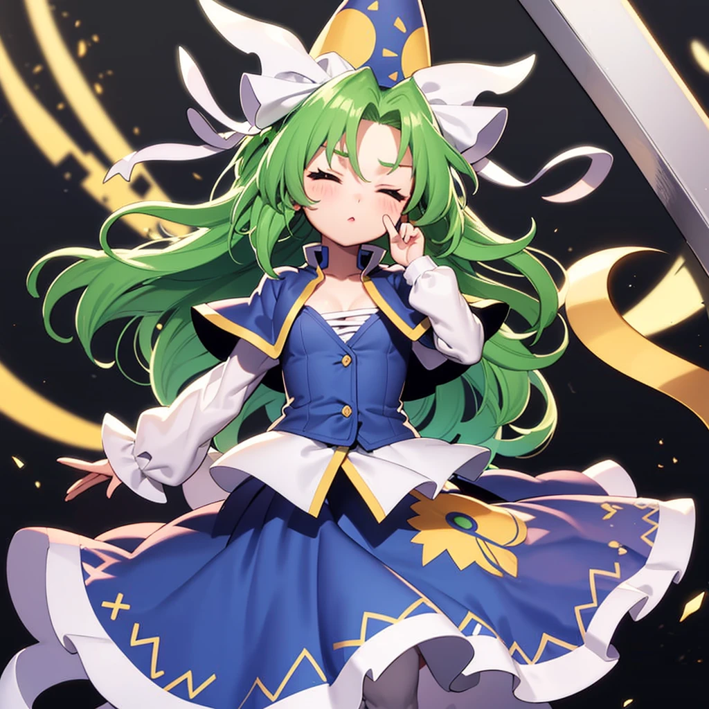 masterpiece, best quality, 1 girl, , , 10 years old, blue hat with a yellow sun pattern, long green hair, blue cape, blue cloak, blue clothes, white long sleeves, yellow ribbon, from behind, to lift up one’s skirt, cowboy shot, from front, standing , raise one leg, crossed arms, arms up behind, arms behind back, hand between legs, put hands hip, one hand on hip, forward hands, arms raised in the air, punch hands, peace_sign, waving, put up index finger, sit, lie down, closed eyes, lie face down, looking back, put one hand chest, leaning forward,cleavage,close up, horizontally outstretched arms, horizontally outstretched legs, front view, front face