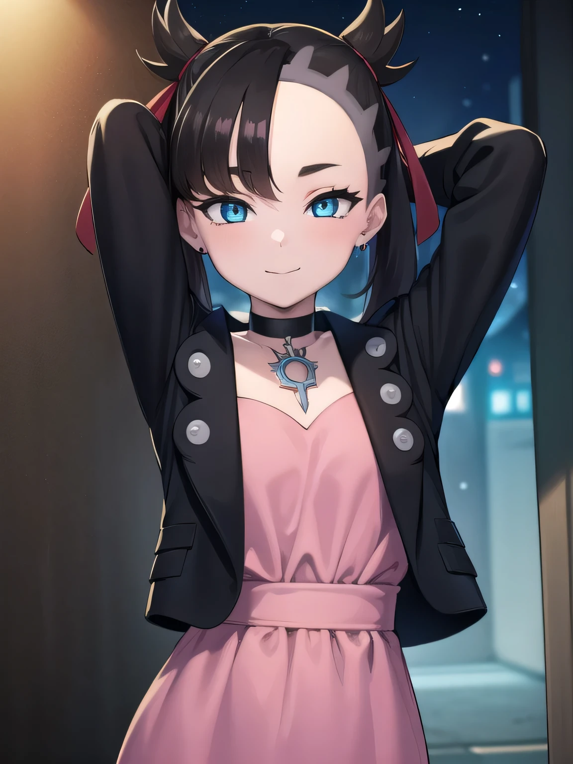 pokemonmarnie, pokemonmarnie, aqua eyes, asymmetrical bangs, asymmetrical hair, black hair, hair ribbon, long hair, red ribbon, ribbon, twintails, (small breasts:1.2),
black choker, black jacket, choker, dress, earrings, jacket, jewelry, long sleeves, open clothes, pink bag, pink dress,
 ako suminoe, ascot, solo, upper body, night sky, forest, arms behind head, contrapposto, spread armpits, smile
BREAK (masterpiece:1.2), best quality, high resolution, unity 8k wallpaper, (illustration:0.8), (beautiful detailed eyes:1.6), extremely detailed face, perfect lighting, extremely detailed CG, (perfect hands, perfect anatomy),