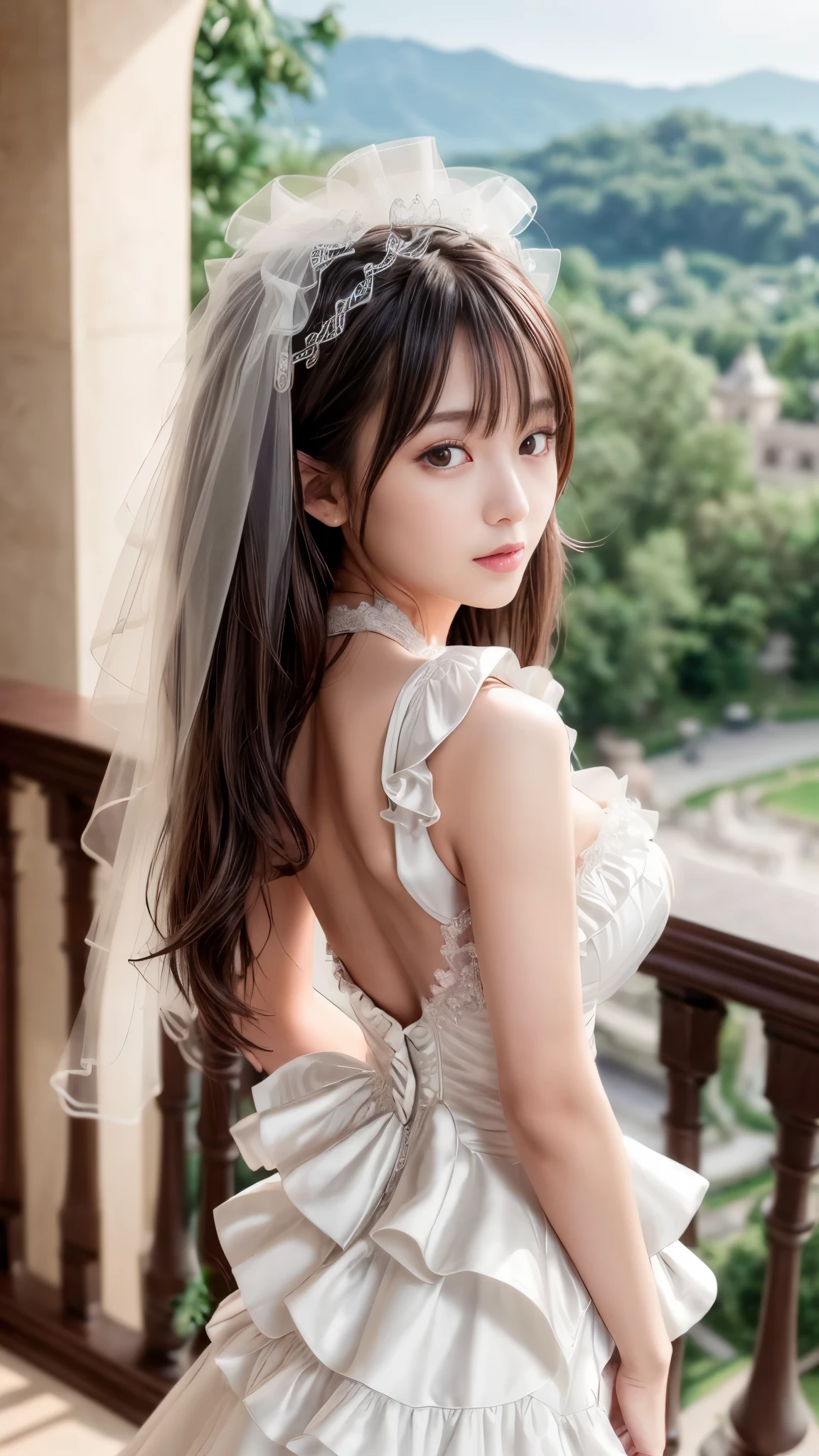 ((castle balcony))、(Sexy ruffled wedding dress:1.5)、bare shoulders、18-year-old、、beautiful girl、(japanese idol)、semi-long、black hair straight、(Hair should flow down the back:1.2)、(medium breasts:1.3)、(cleavage)、(looking at the camera)、(detailed hands:1.5)、(Moisturizing lips:1.5)、(tight waist:1.3)、(Whitening skin:1.3)、(Brighten the contrast of shadows)、(Professional photographer photography)、(face lighting)、(nffsw++:1.10)、(ultra high resolution)、(highest quality)、(Improvement of quality)、(super detailed)、(accurate color)、(Photoreal)