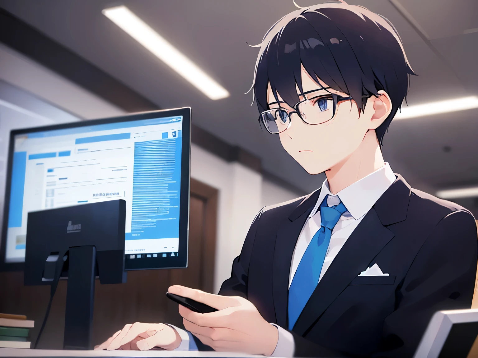 (looking away:1.5), plastic frame eyewear、masterpiece、highest quality、(25 year old male:1.5) and (black short hair) and (hair over eyes:1.3) and (blue eyes), wearing a suit、wearing a white shirt、Wearing a blue tie、sitting、serious expression、The background is an office、computer、(Alone:1.5)
