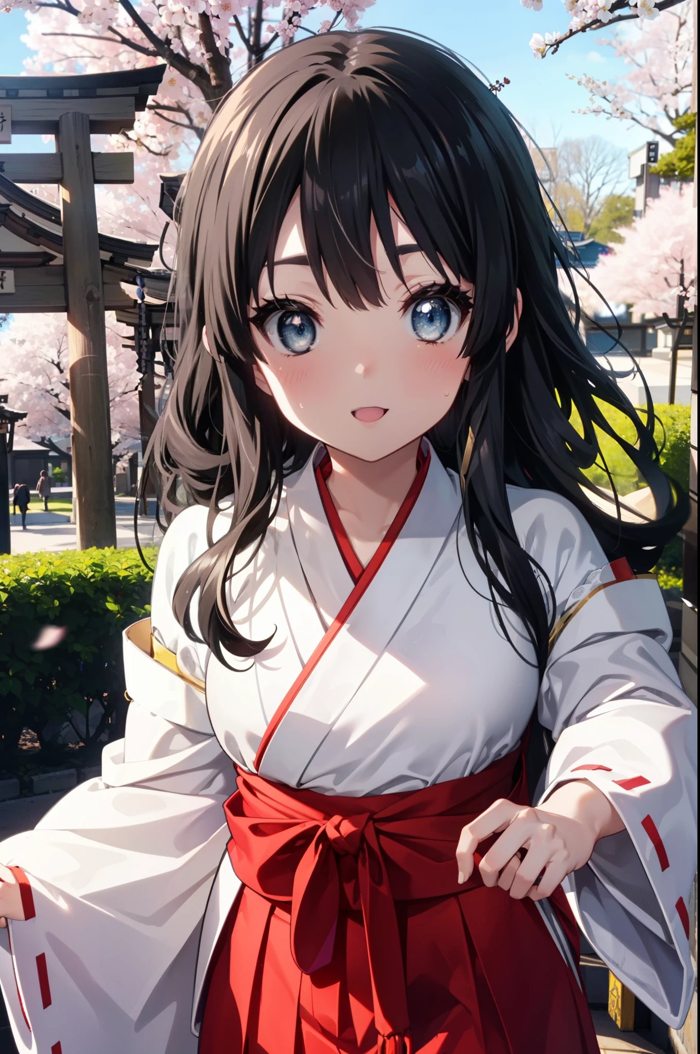 mioakiyama, mio akiyama, long hair, bangs, black hair, (black eye:1.3), princess cut,smile,blush,open your mouth,Platycodon,Miko, white kimono, red hakama,kimono, same as skirt, wide sleeve, long sleeve, ribbon trim sleeves, 
looking at the viewer, Are standing, cherry blossoms are blooming,Cherry blossoms are scattered,noon,Clear skies,sunny,
break outdoors, shrine,torii,
break looking at viewer, (cowboy shot:1.5),
break (masterpiece:1.2), highest quality, High resolution, unity 8k wallpaper, (figure:0.8), (detailed and beautiful eyes:1.6), highly detailed face, perfect lighting, Very detailed CG, (perfect hands, perfect anatomy),