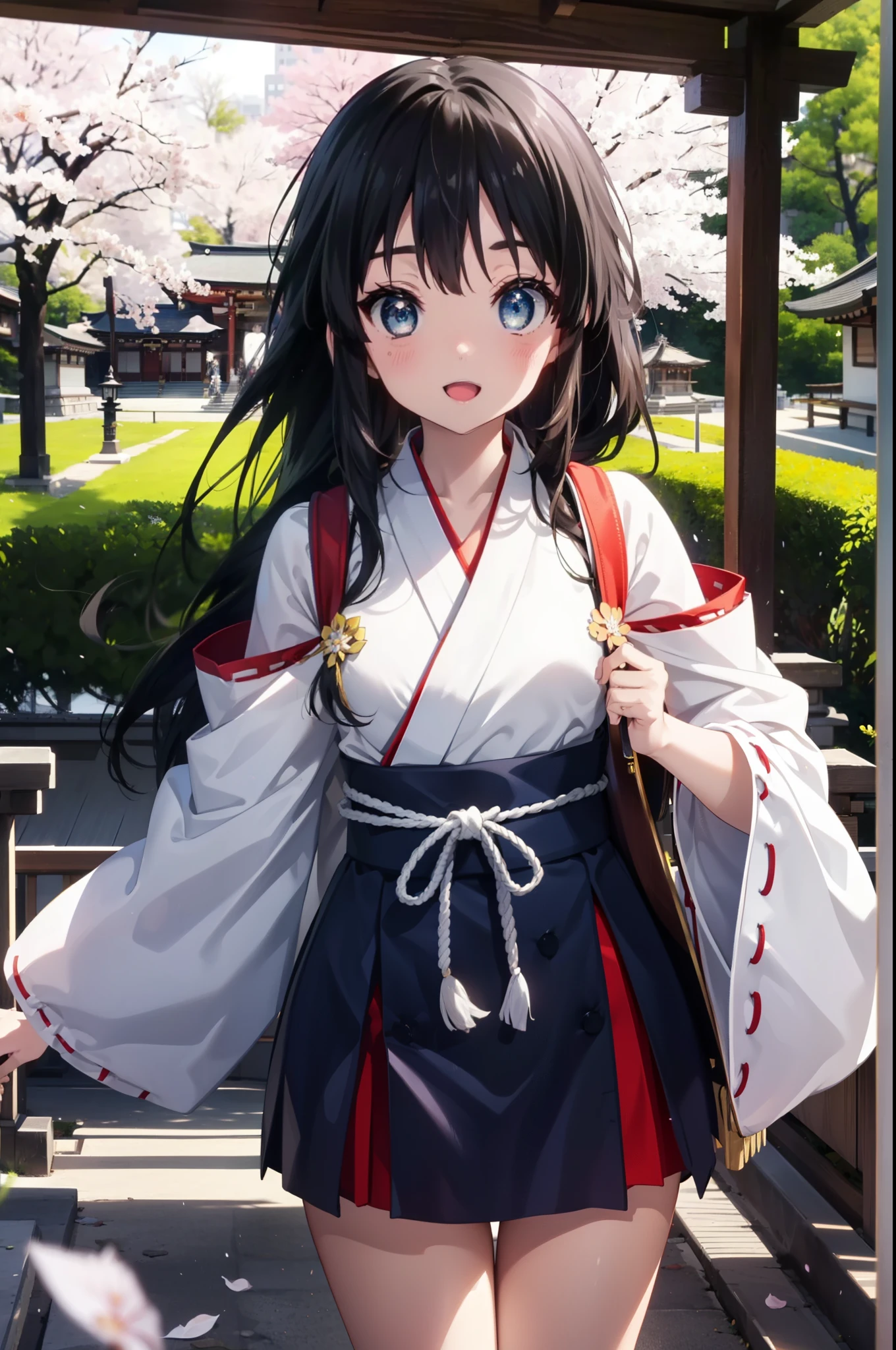 mioakiyama, mio akiyama, long hair, bangs, black hair, (black eye:1.3), princess cut,smile,blush,open your mouth,Platycodon,Miko, white kimono, red hakama,kimono, same as skirt, wide sleeve, long sleeve, ribbon trim sleeves,
looking at the viewer, Are standing, cherry blossoms are blooming,Cherry blossoms are scattered,noon,Clear skies,sunny,
break outdoors, shrine,torii,
break looking at viewer, (cowboy shot:1.5),
break (masterpiece:1.2), highest quality, High resolution, unity 8k wallpaper, (figure:0.8), (detailed and beautiful eyes:1.6), highly detailed face, perfect lighting, Very detailed CG, (perfect hands, perfect anatomy),