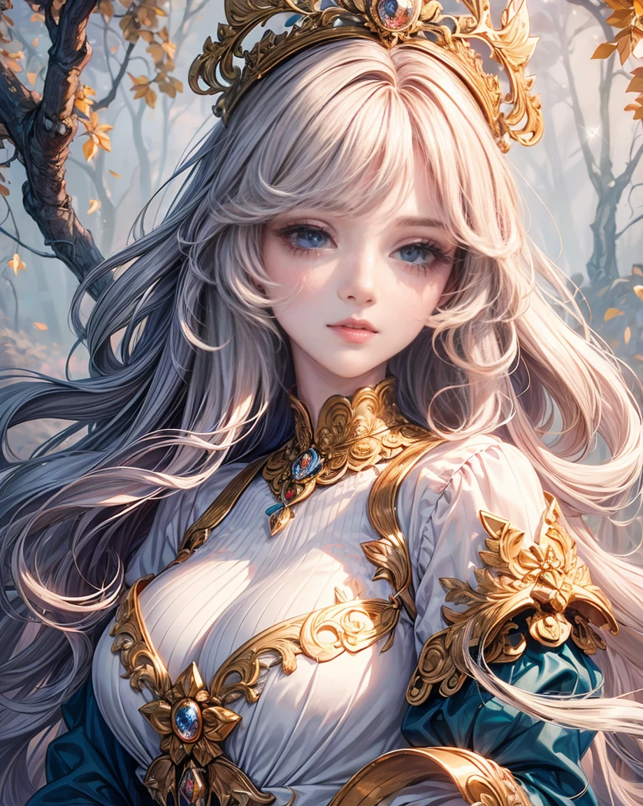 (best quality,8K,CG),detailed upper body,solitary girl,floral forest background,complex facial features,elegant long curly hair,almond-shaped big eyes,detailed eye makeup,long eyelashes,twinkling stars,exquisite lip details,soft and harmonious style.