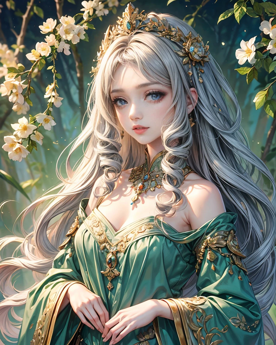 (best quality,8K,CG),detailed upper body,solitary girl,floral forest background,complex facial features,elegant long curly hair,almond-shaped big eyes,detailed eye makeup,long eyelashes,twinkling stars,exquisite lip details,soft and harmonious style.