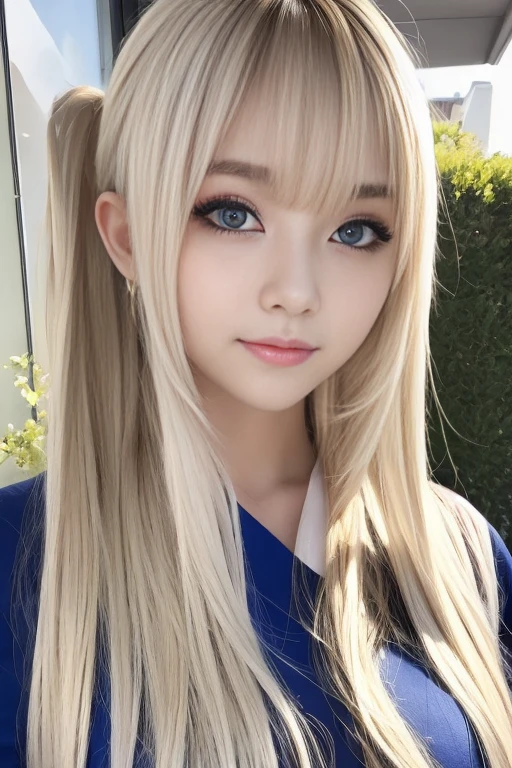 porate、、bright look、ponytail、Young, white and shiny skin、best looks、gold reflects light、platinum blonde hair,shine brightly、shiny bright hair,、Super long smooth straight hair、Shining beautiful bangs、Big blue eyes shine brightly,It's like it's transparent,fascinating、A very kind and lovely 16 year old girl、rich bust