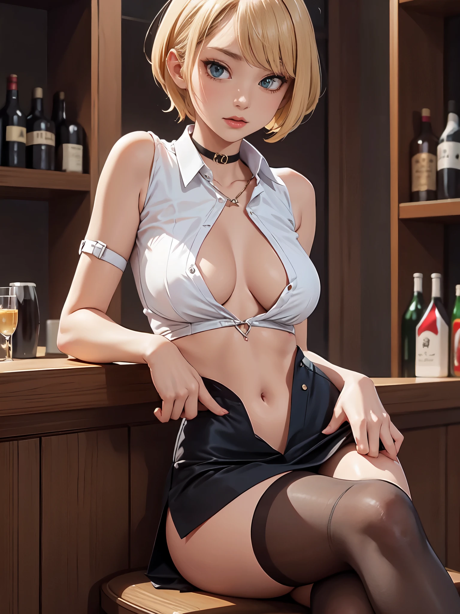 gwenstacy, short blonde hair, blond haired woman sitting on a counter, (sitting on countertop, crossed legs, legs crossed, black stockings), in a bar, tease, sitting in the bar, bottles of liquor in background, school girl, thighhighs and skirt, unbuttoned white dress shirt, fully unbuttoned shirt, transparent shirt, showing shoulders, pink choker, Body Chain, seductively looking in front, teacher, sexy girl, fakebreasts, large breasts, (((tattoo on upper stomach))), exposed midriff, showing collarbone,