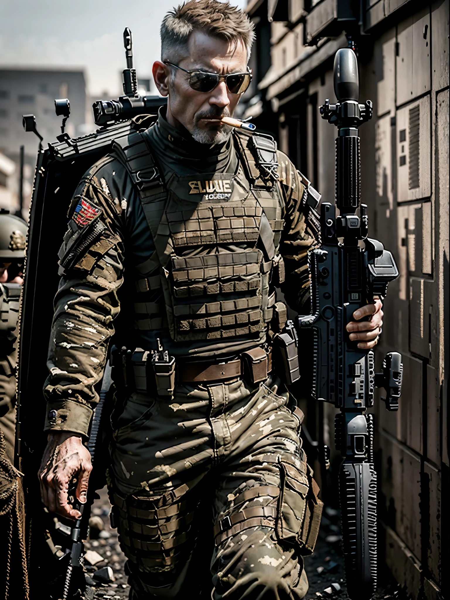 masterpiece, best quality, solo, solo focus, auburn hair, crew cut, dark grey eyes, mercenary, age 45, male focus, (((using weapon, assault rifle))), cigar in mouth, danger atmosphere, ammunition belt, war zone