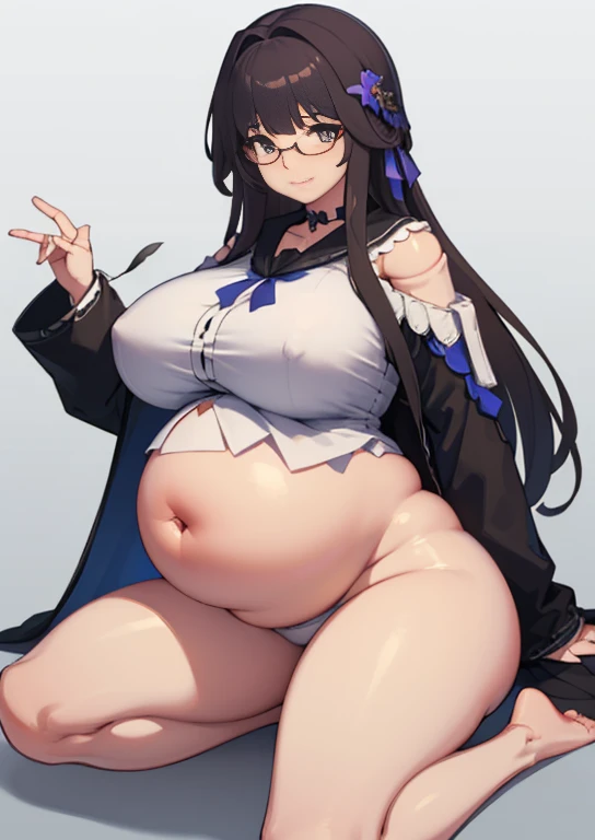 (masterpiece, best quality, highly detailed), 1girls, big belly, blurry background, huge belly, art by kipteitei, round belly, chubby, curvy, simple_background, gradient_background, belly grab, enormous belly, fat belly, thicc, bigger belly, really big belly, jiggly belly, shirt covering belly, belly cover by shirt, glasses, barefoot, ((((((mommy)))))), ((full body)), long hair