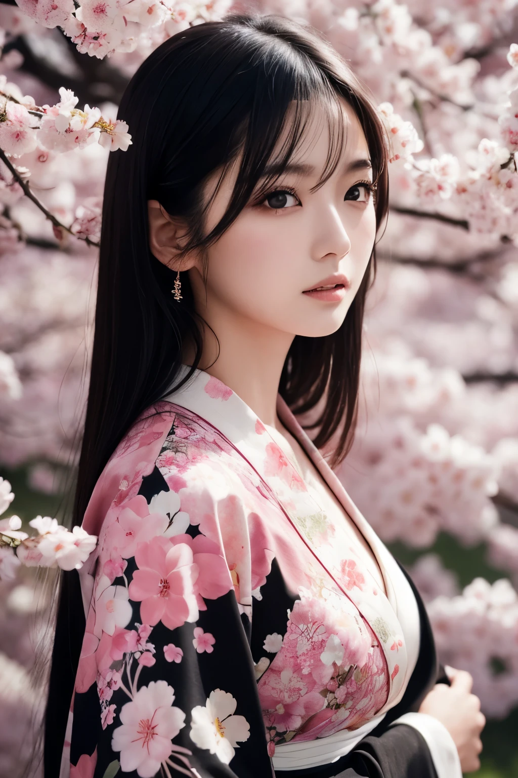 Beautiful Japanese supermodel woman,Shooting against the light,Sakura background,Gorgeous kimono,sexy,black eyes,Beautiful facial lighting,mixed media,long black hair