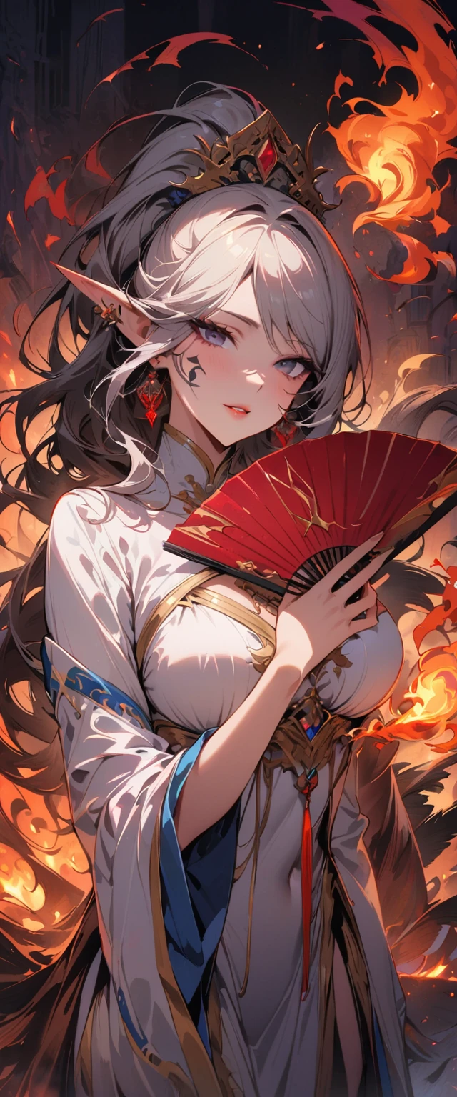 top quality, masterpiece, ultra high definition, Beautiful priestess, Hand waving red fan, fan on fire, Fire Spell,face tattoo,black eyes, looking at the audience, long hair, lips, elf ears, White clothes are very transparent, breasts and can be seen,Feather cape,hair accessories,earrings, Slim, ponytail,Burning battlefield background,