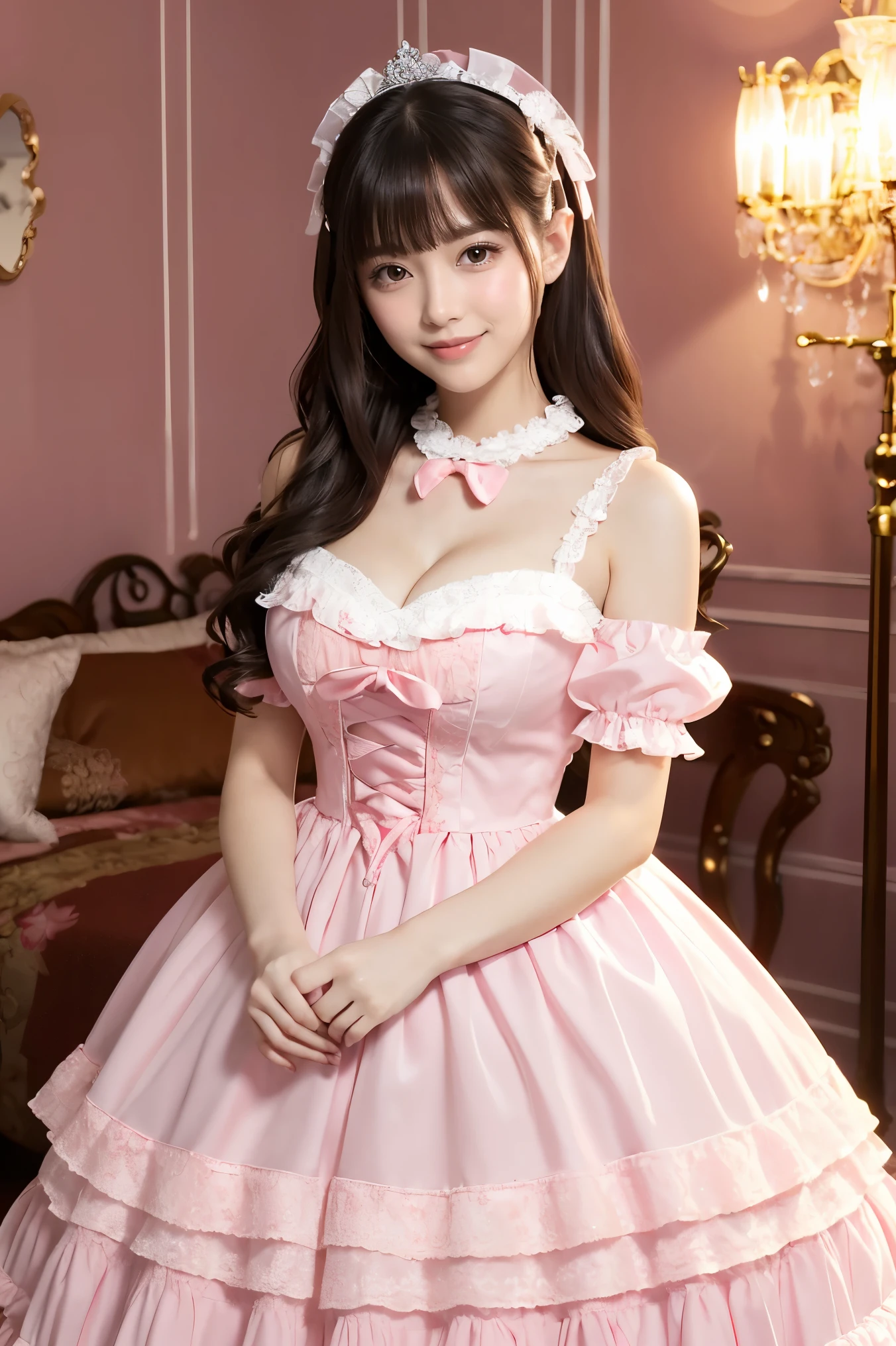 (highest quality、masterpiece、8K、best image quality、hyper realism、Award-winning work)、1 cute lolita princess、(solo:1.1)、(1 photo:1.1)、(A girly and cute high-end light pink Lolita princess dress:1.2)、(Cute girly big ribbon:1.1)、(Cute and luxurious hair accessories:1.1)、(The most luxurious and high-end Lolita princess dress with extremely intricate details:1.2)、(Cute frilled and ribbon dress:1.1)、(A cute lolita dress with lace decorations:1.1)、(Cute girly lolita wavy hair:1.1)、(low length:1.1)、(Height: 140cm:1.1)、(big breasts:1.1)、(soft cleavage:1.1)、(Cute heart symbol:1.1)、Lots of cute frills、(big cute ribbon:1.1)、emphasize body line、slender body、Standing gracefully、(The most luxurious and high-end Lolita princess room background:1.1)、(Intricately detailed top-notch Lolita princess room:1.1)、(A luxurious princess room with the most extravagant and girly atmosphere:1.2)、(very bright and vivid:1.3)、(The most luxurious and cute luxury wall decoration:1.1)、A girl standing gracefully、accurate anatomy、perfect makeup、long eyelashes、glossy lips、Ultra high definition glossy skin、(Ultra-high definition bright and beautiful skin:1.3)、超高精細のglossy lips、Super high definition beautiful teeth