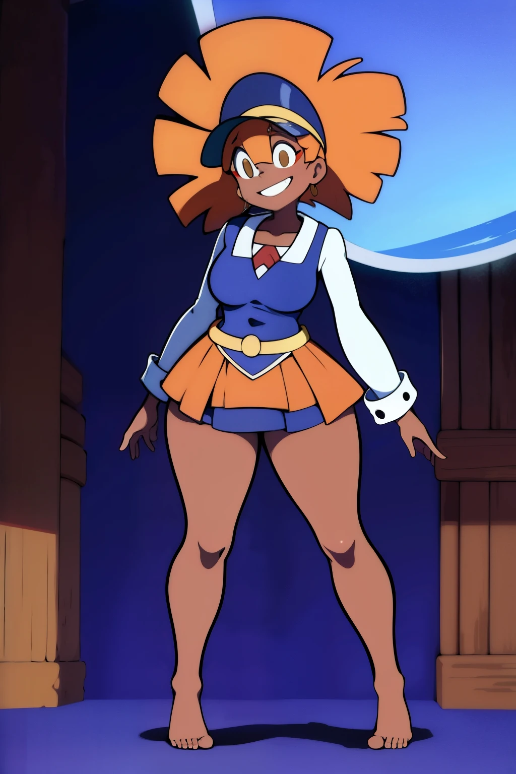 (best quality, top quality), masterpiece, best quality, 1girl, solo, dark skin, dark-skinned female, big hair, orange hair, blue headwear, blue_cap, brown eyes, ear piercing, smile, teeth, breasts, medium breasts, thick thighs, barefoot, luna nova , miniskirt, belt, full body,