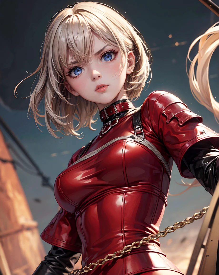 from below,Troubled Face,BDSM,slave,Upper Body,Glossy,Red Leather,Red Corset,Bondage,Collar,NSFW,((Best Quality, 8k, Masterpiece: 1.3)), Crisp Focus: 1.2, (Layer Cut, Big: 1.2),Beautiful Woman with Perfect Figure: 1.4, Slender Abs: 1.2, Wet Body: 1.5, Highly Detailed Face and Skin Texture, Detailed Eyes, Double eyelids, rope, , studs, big, angry eyes, sharp eyes, whip in hand