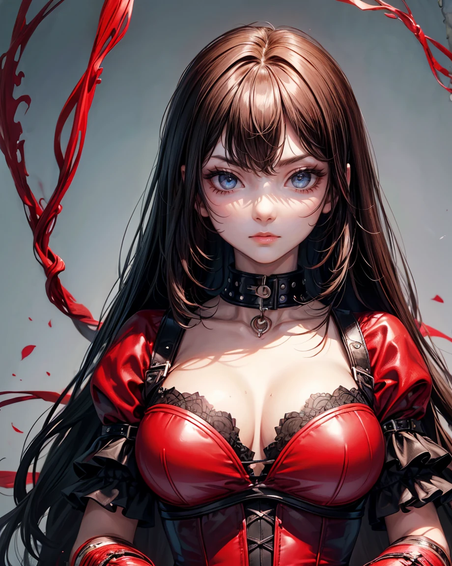 Best Quality, Intricate details, chromatic abberation, 1girl in, Long hair, Black hair, hair messy, red highlights, Hair over one eye, Red Eyes, Sharp eyes, Choker,, , armbinder, arms behind back, Bound arms,
